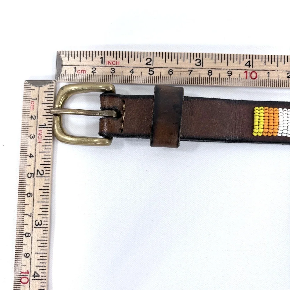 Handcrafted Beaded‎ Leather Belt Brown Colorful Tribal Geometric Brass Buckle 26
